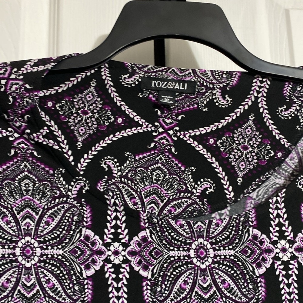 PRETTY Roz & Ali stretch Purple Black & white Short Sleeve top blouse shirt  3X - Picture 3 of 12